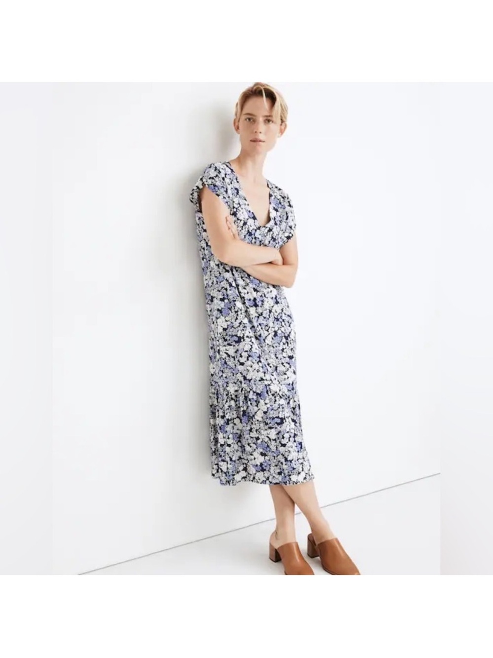 Madewell Blue, Purple and White Floral V-Neck Midi Dress